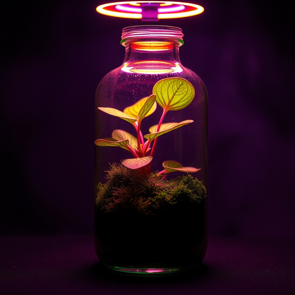 Bottle terrarium in warm lamp light