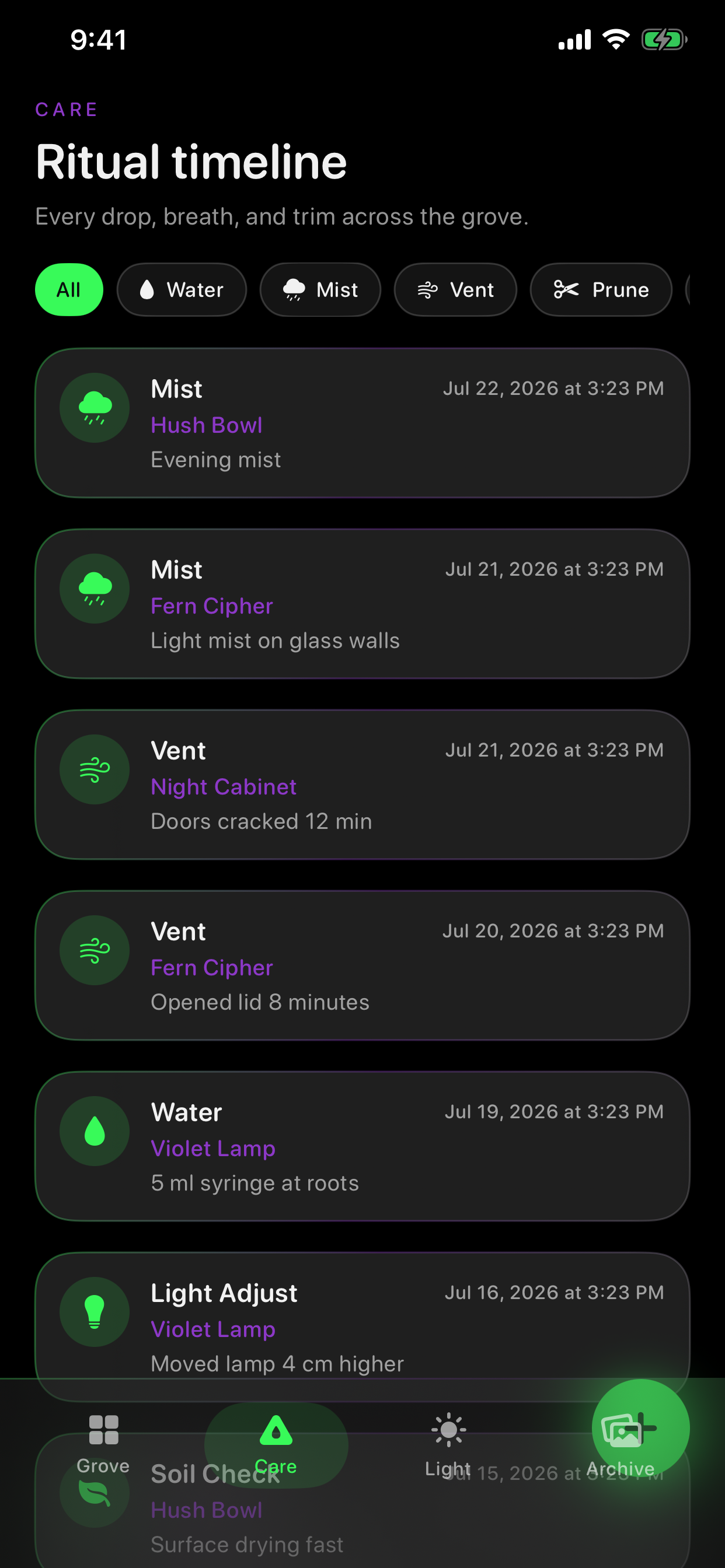 Care ritual timeline